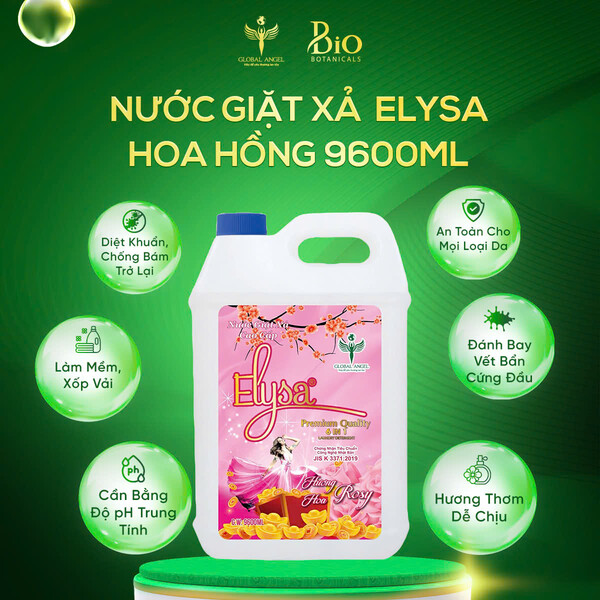 Nước giặt xả cao cấp Elysa 6in1 Hương Hoa Hồng 9600ml