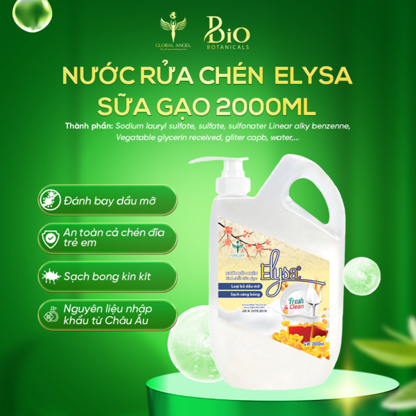 Nước rửa chén Elysa tinh chất Gạo 2000ml